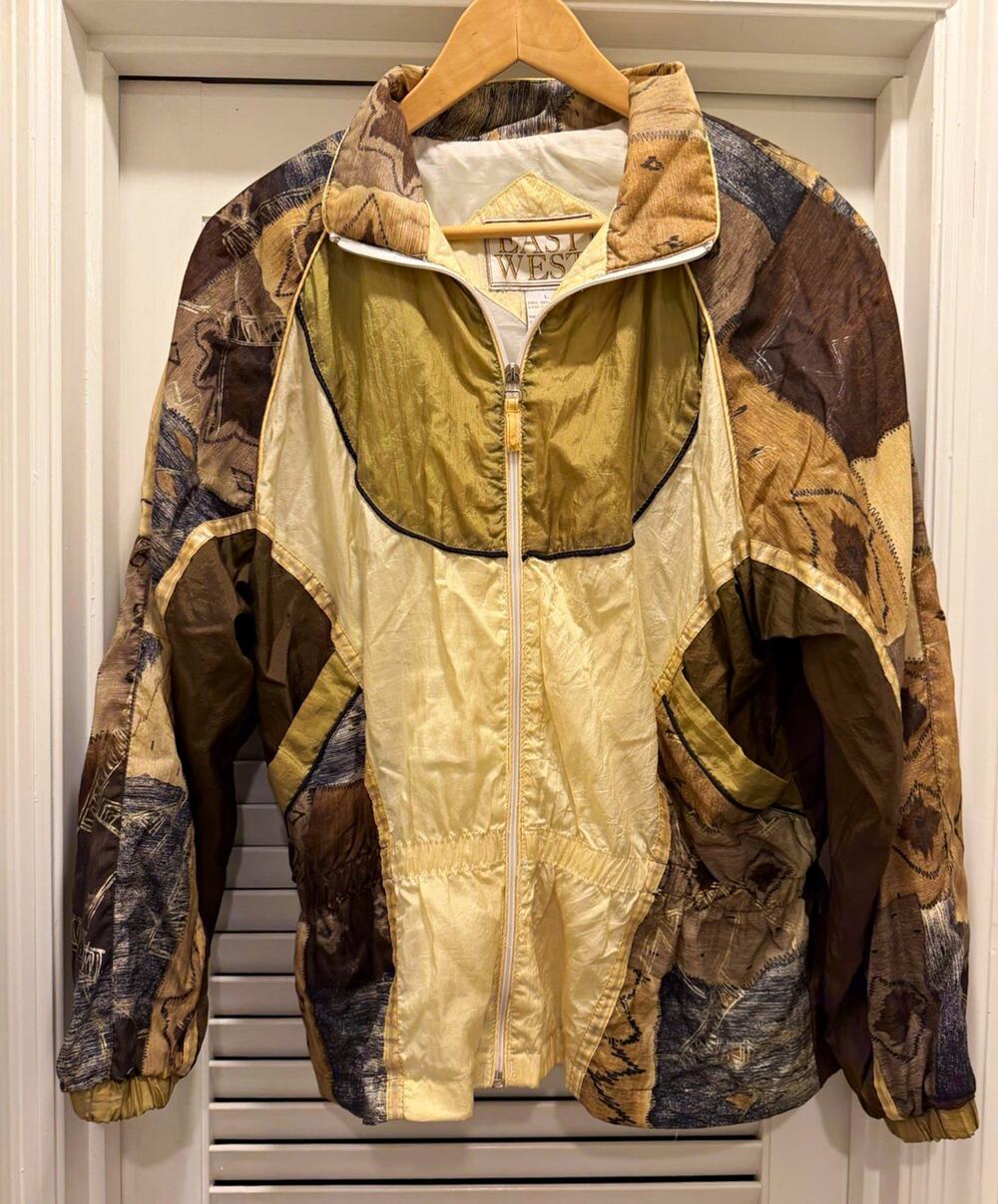 VTG East West Women’s Windbreaker Jacket L Beige Brown Camo Full Zip Lined Short